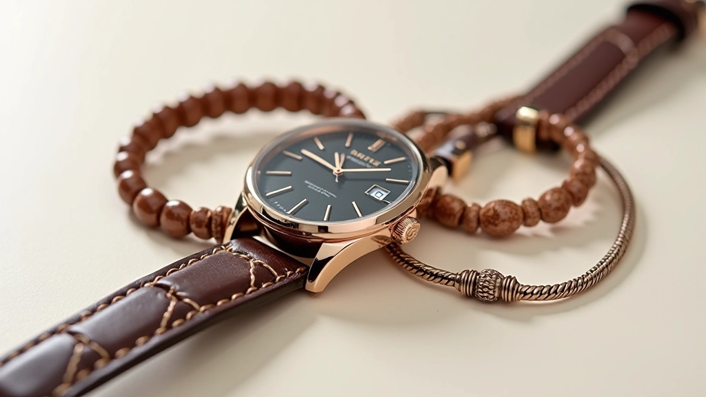 Saat, bilezik ve halka kombinasyonu, metal ve deri aksessuarlar, stil detayları