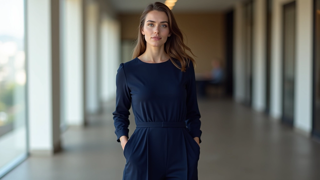 Elma tipi vücut için empire waist elbise ve dar pantolonlu kombin örneği